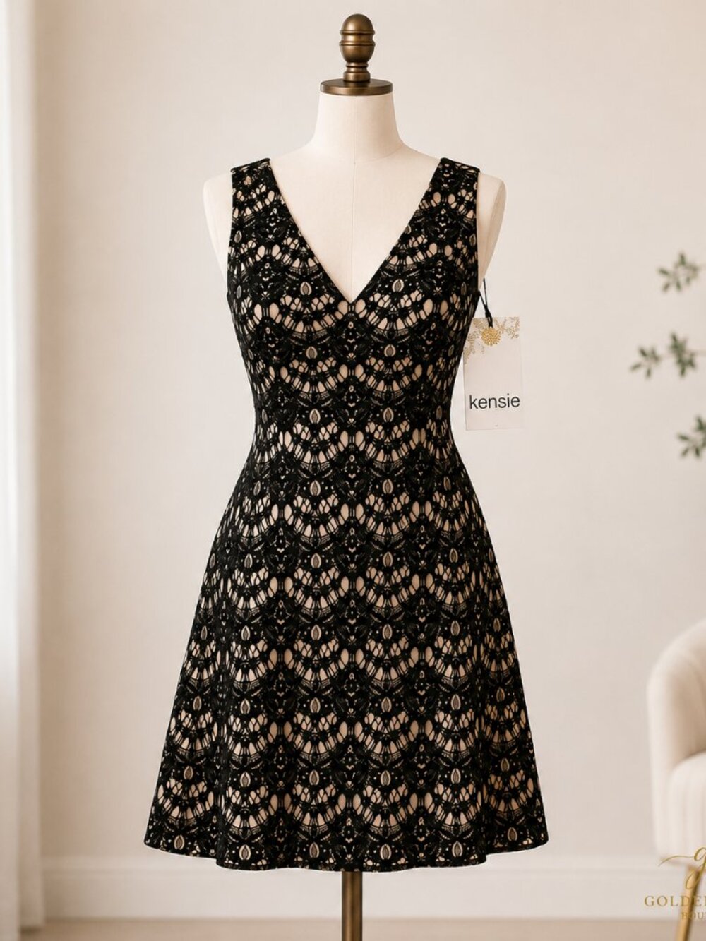 Kensie Lace Fit & Flare Mini Dress Womens 10 Black Nude Sleeveless NWT